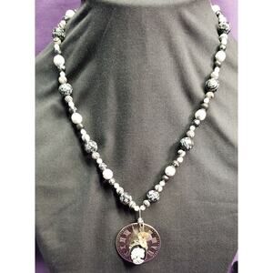 Steampunk Style Natural Stone, Skeleton Cameo, Roman Numeral Clock Disc Necklace